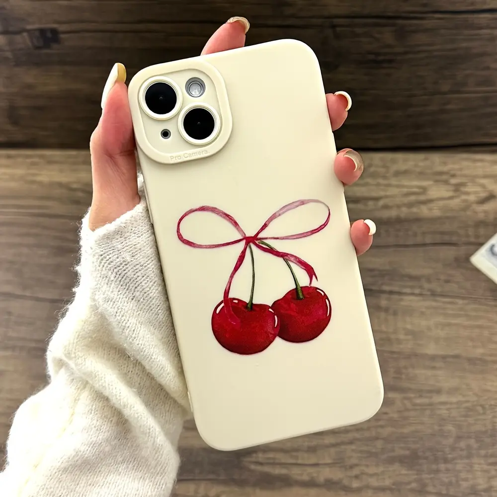 Antique White Bow Tie Print Cherry Soft Phone Case Suitable For iPhone Models 11, 12, 13, 14, 15, 16, 17, Including Pro Max, XS, XR, X, XSMAX, And 16E Series.Perfect As A Gift For Christmas And Halloween For Girlfriends, Boyfriends, And Friends.