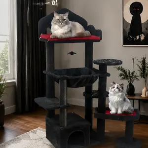 ARCH Gothic Cat Tree 58in Multi-Level Cat Tower with Scratching Posts Perches Hammock Cat Cave Coffin Bed for Indoor Cats Black MDF Cat Furniture for Multiple Cats Halloween Decor, Black Color Options, MDF Material, Product Weight: 29.32 lb