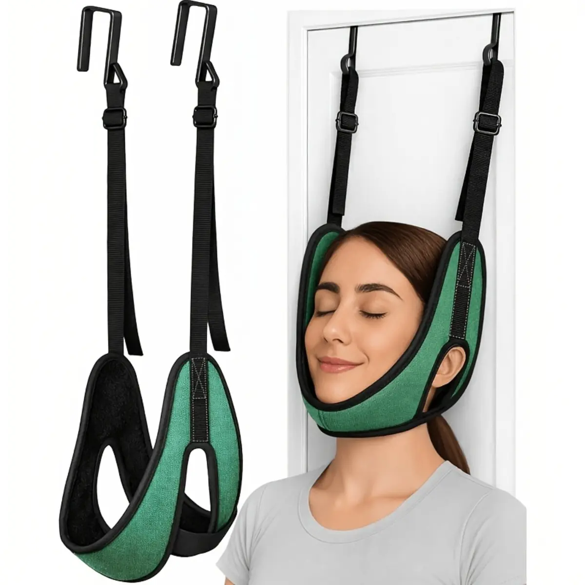 Upgraded Over Door Neck Traction Device, Head Resistance Training Band with Thick Cervical Support, 300lb Capacity Green Design, Hanging Neck Stretch Tool for Home Use, Adjustable Comfort Trainer for Neck Relaxation