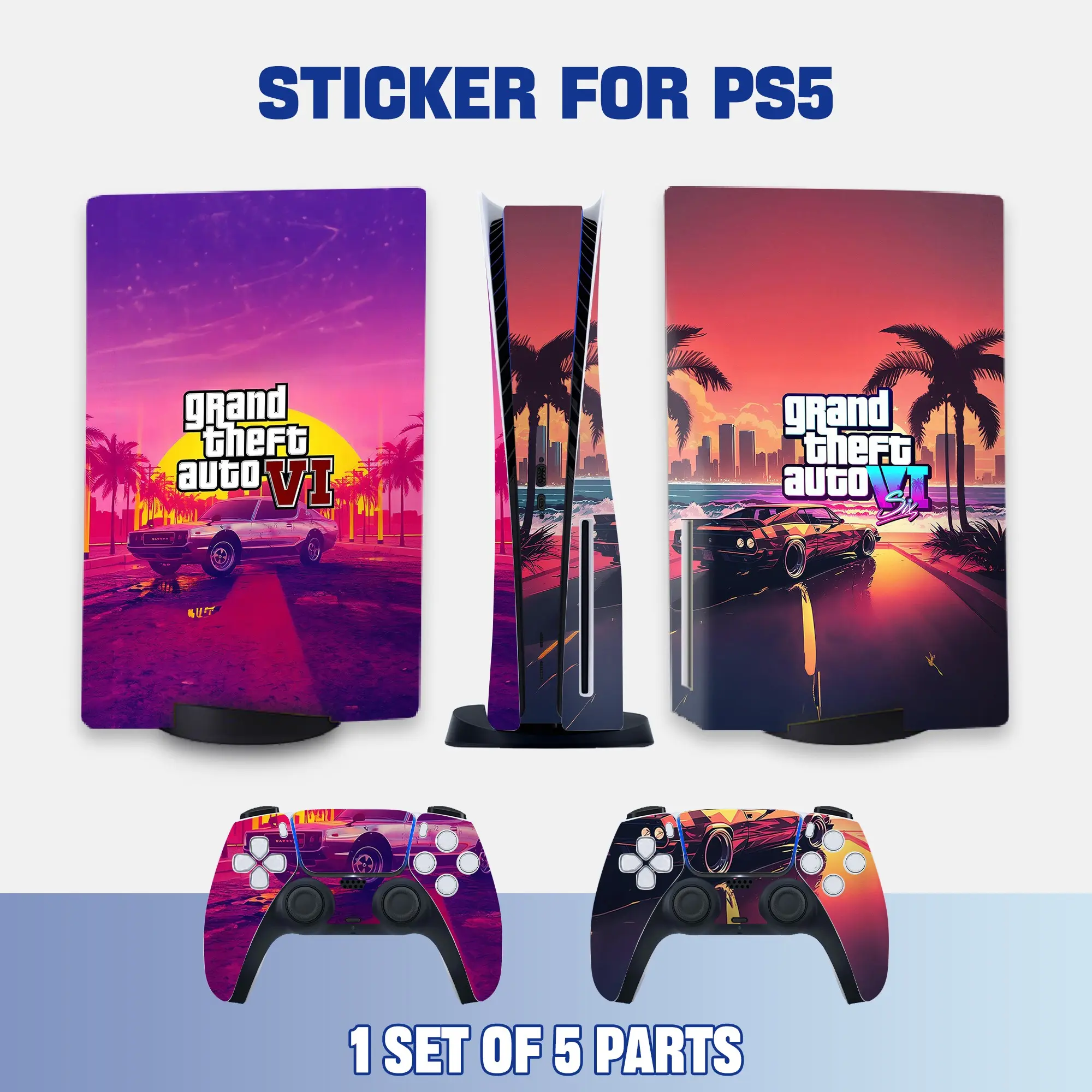 Magenta Purple Neon Tropical Coast Retro Muscle Car Style PS5 Disc Edition Vinyl Skin Sticker for Console & Controllers, Waterproof, Scratch-Resistant, Dustproof, Removable & No Residue, Aesthetic Stickers