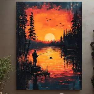 1-piece framed fishing canvas wall art poster - 12x16inch (30x 40cm )Sunset by the Lake with Pine Trees and Carp Fishing Pond Pattern - Ready to hang, suitable for cabins, living rooms, offices - Perfect gift for fishing enthusiasts and outdoor lovers - E