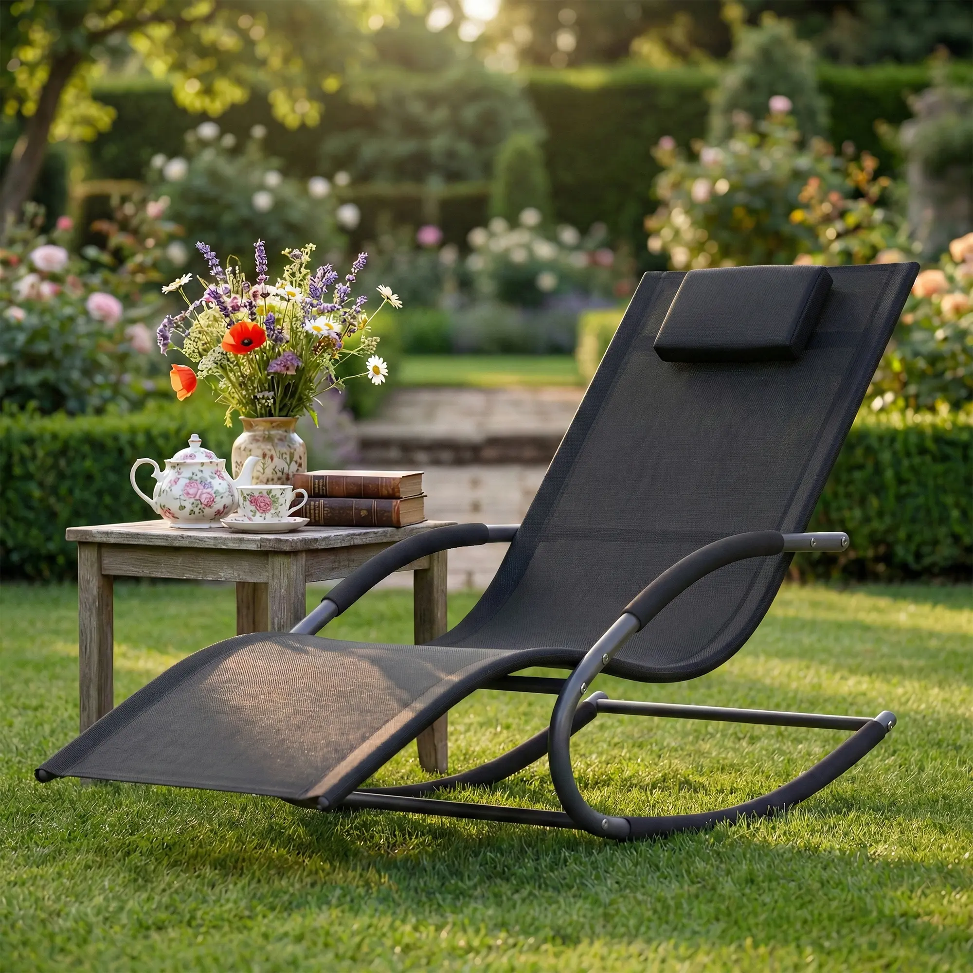 Garvee Adjustable Outdoor Lounge Chair: Breathable Mesh Patio Recliner with Sturdy All-Weather Steel Frame Comfortable NBR Armrests Pillow Heavy Duty for Lawn Garden Backyard 300lb Capacity (Brown/Grey)