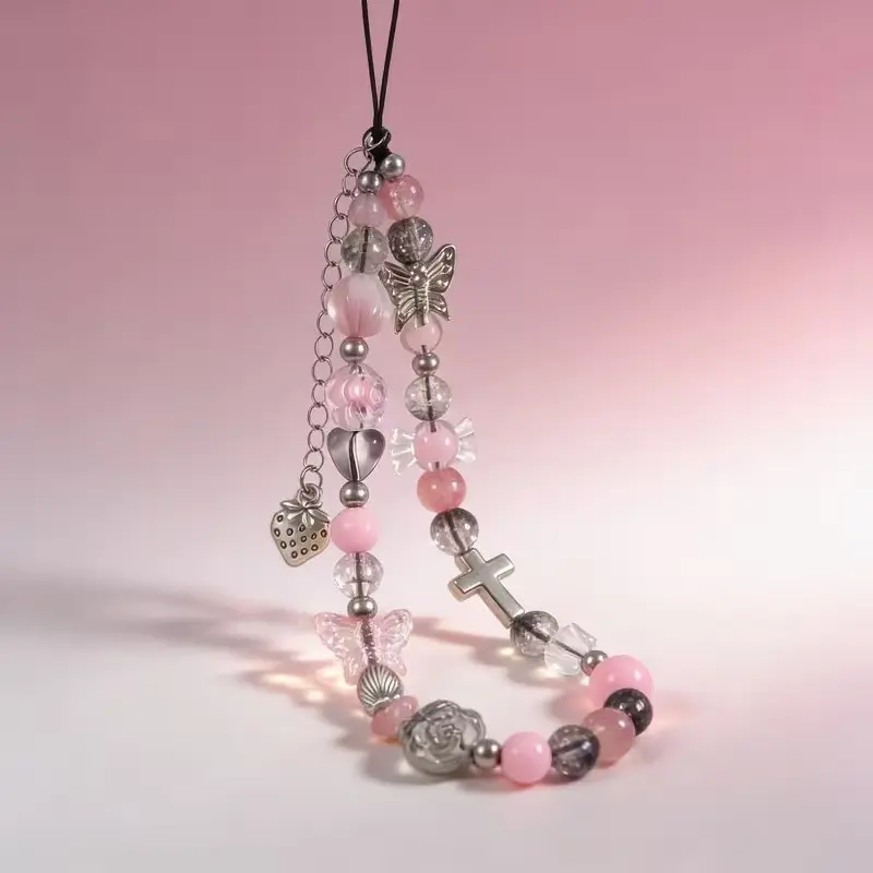 1y2k Glass Flower Bead Butterfly Bracelet Phone Strap Charm, Keychain Bag Camera Accessory, AirPods Case for Women