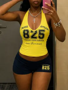Y2K Vintage Number 825 Letter Print Halter V Neck Crop Cami Top Matching High Waist Biker Shorts Two Piece Outfit Streetwear Sporty Women ideal for street shopping gym training campus hangouts and hot girl casual summer daily matching looks