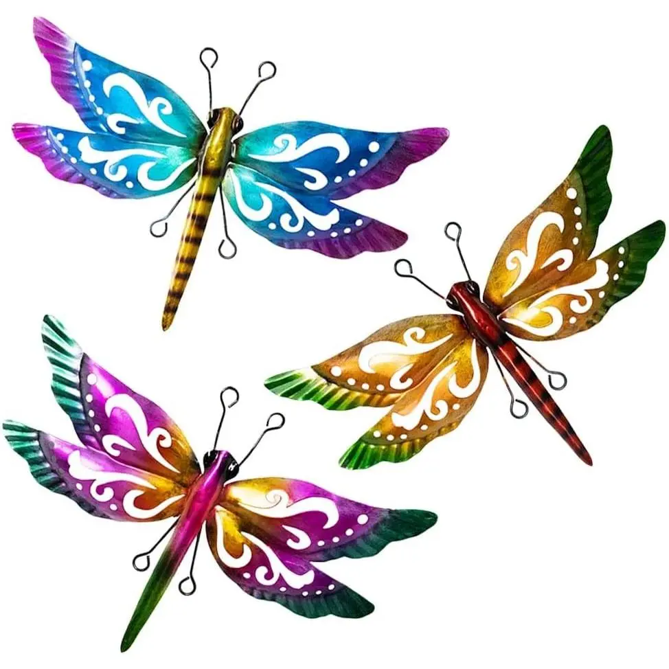 Dragonfly Garden Decor, 3 Pack Colorful Metal Dragonfly Wall Decor, Outdoor Decor Art for Patio, Yard, Fence, Garden, Outside, Backyard, Balcony