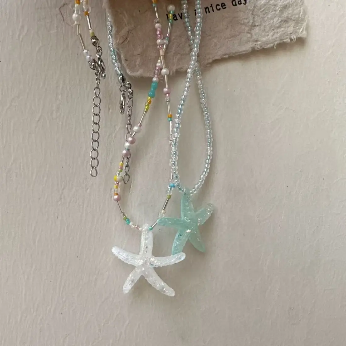 Blue Starfish Beaded Necklace for Women, Handmade Ocean Inspired Necklace with Cute Starfish Charm Design, Summer Beach Jewelry, Boho Dainty Chain Necklace for Vacation Outfits, Coastal Style, Pool Party, Daily Wear & Gift for Her