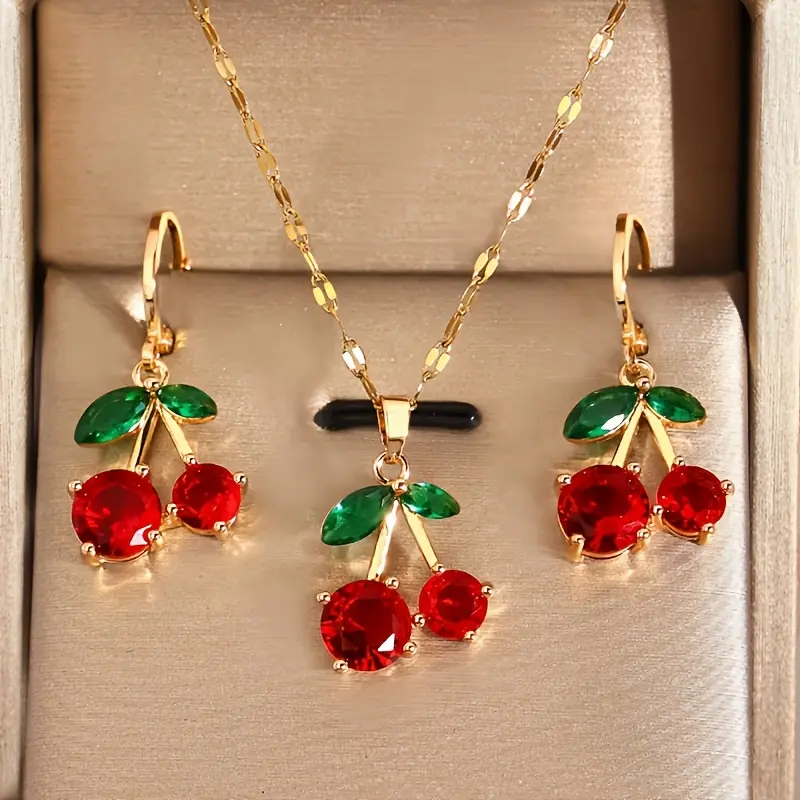 3-piece cute style necklace and earrings set, exquisite red cherry design, light luxury, elegant and fashionable jewelry accessories, suitable for gifting, daily gatherings, and festive celebrations. It's a birthday gift for daughters, girlfriends, mother