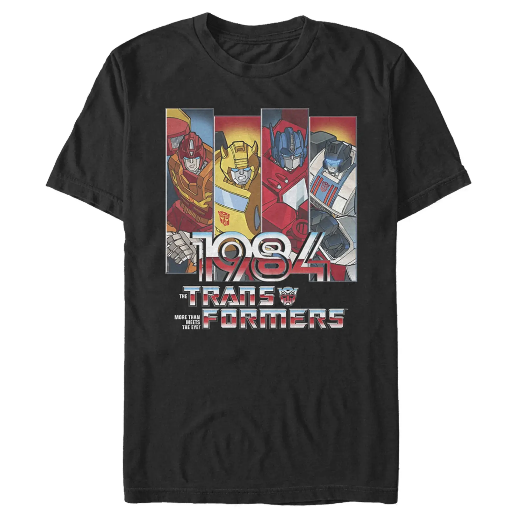 1984 Retro Autobots Four-Man Graphic Men's T-Shirt, Classic 80s Cartoon Loose-fitting T-Shirt, Nostalgic Robot Anime Streetwear Top, Trendy Y2K Hip Hop Casual Short-Sleeve Shirt, Popular Collectible Gift for Fans
