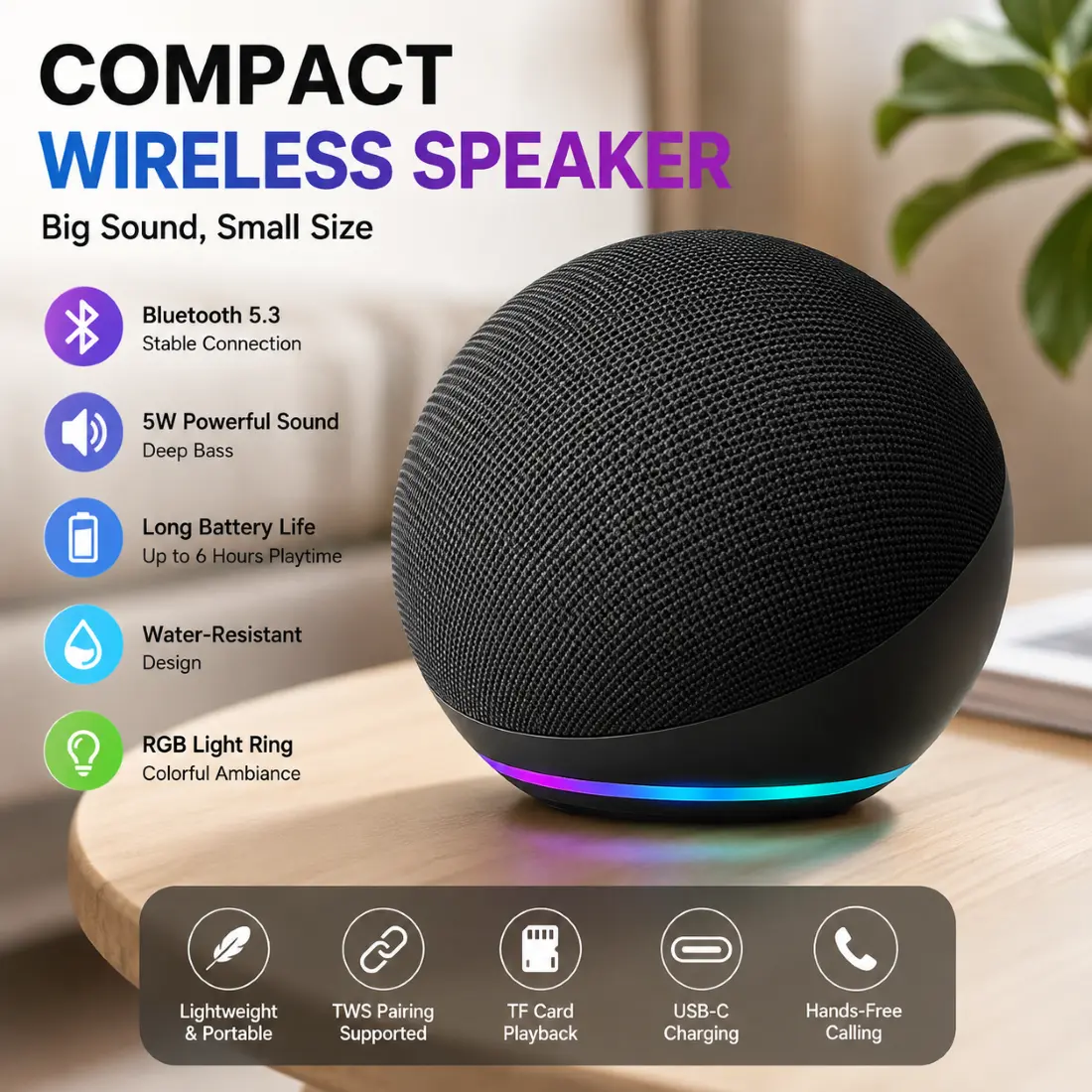 Portable Bluetooth Speaker with RGB Light, Compact Wireless Mini Speaker with 5W Sound, Bluetooth 5.3, Rechargeable for Home, Travel & Outdoor Use