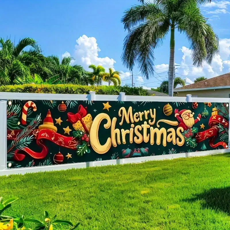 2D Flat Merry Christmas Banner, Santa Claus Lollipop Bell Design Polyester, No Electricity Needed for Lawn Wall Indoor Outdoor Holiday Party,Cute,Animal,Knitted Holding Card,Vibrant,Artificial,Cedar,Reindeer,Pattern,Wooden,Ginge,decorative,atmosphere,lamp