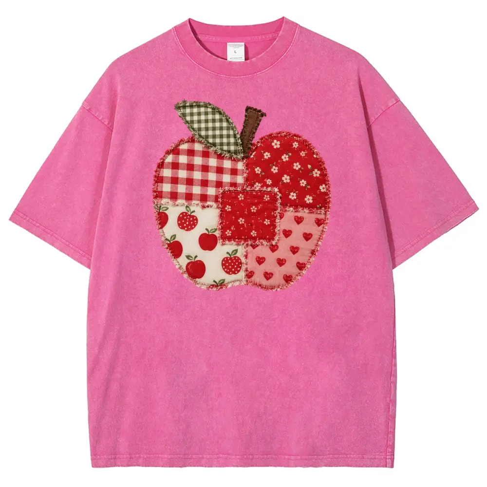 Unisex 100% Cotton Patchwork Graphic T-Shirt - Vintage Washed, Round Neck, Oversized Fit, Short-Sleeve Tops, Back-to-School Shopping, Spring Teacher Team Wear, Summer Casual Fabric Clothing,sohochic