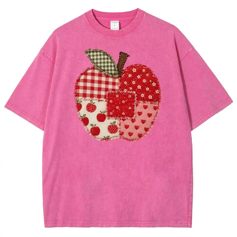 Unisex 100% Cotton Oversized Vintage Washed Patchwork Graphic T-Shirt - Round Neck, Short-Sleeve, Trendy Graphic Shirts, Back-to-School Fashion Basics, Casual Tops for Students