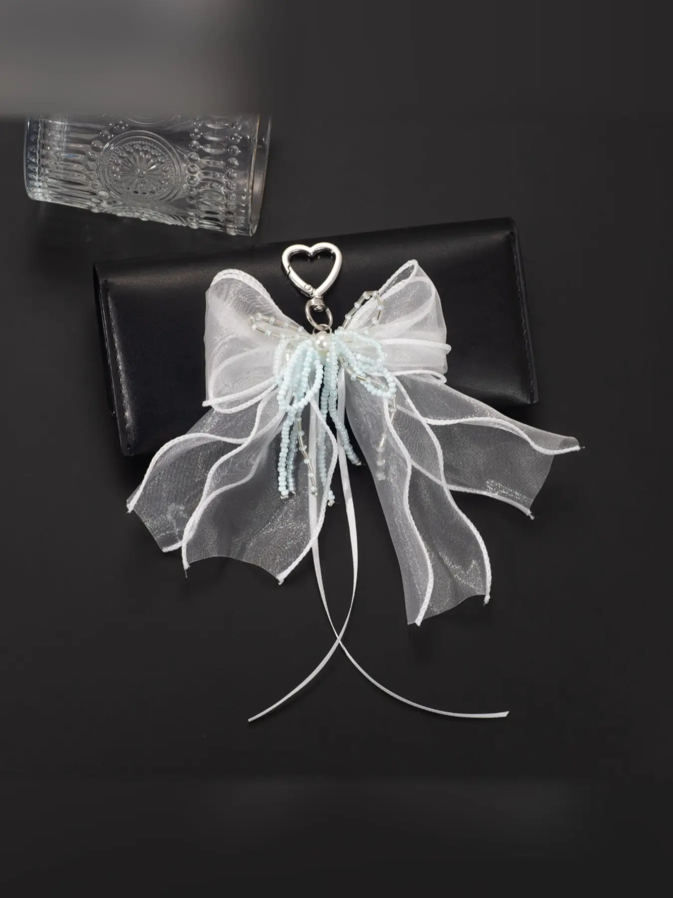 Korean Style Mesh Ribbon Bow Pearl Keychain, Sweet Ribbon Bag Charm Accessory, Suitable for All Seasons, Punk Style Bag Decoration