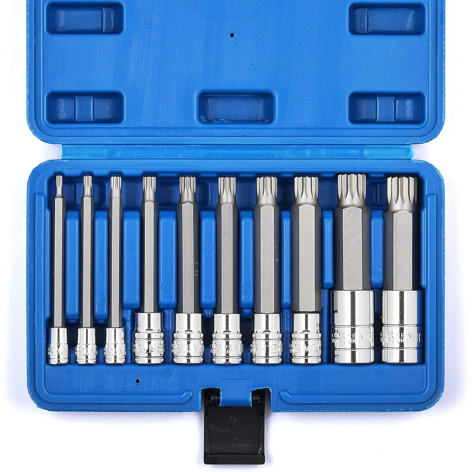 10 count Spline Tip Bit Socket Set, M-Type, S2 and Cr-V Steel, Extra Long 4'' Length, M4-M18, XZN Triple Square Spline Bit Socket Set
