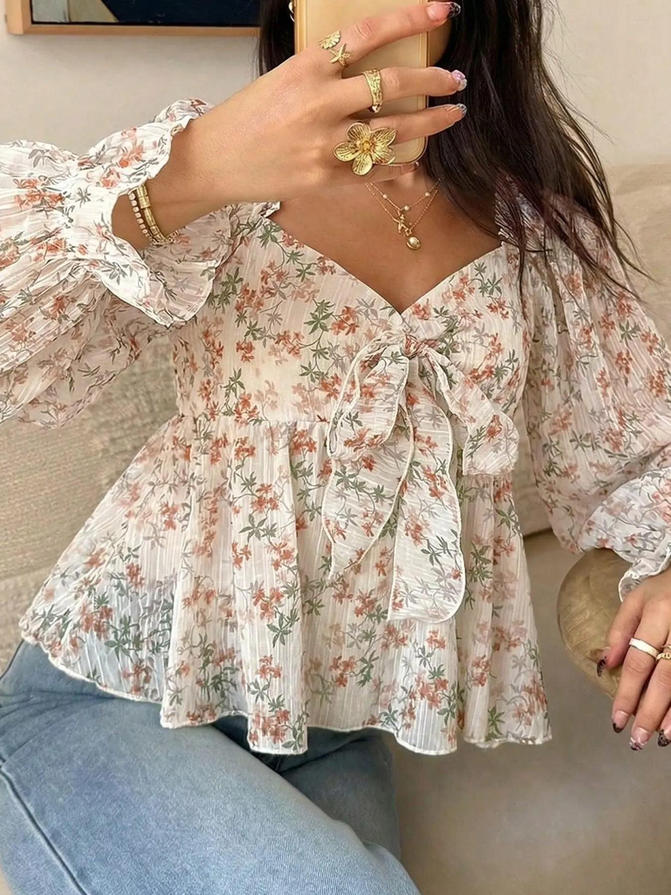 Women's Floral Print V-Neck Shirt, Bow Ruffle Bubble Long Sleeve Top, Boho Style Loose Fit Blouse, Babydoll Shirt, Perfect for Tea Time, Dates, Casual