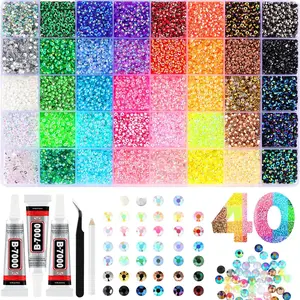 40-grid box of resin flat-bottomed rhinestones in assorted colors for DIY (comes with 3 tubes of glue) bedazzled kit