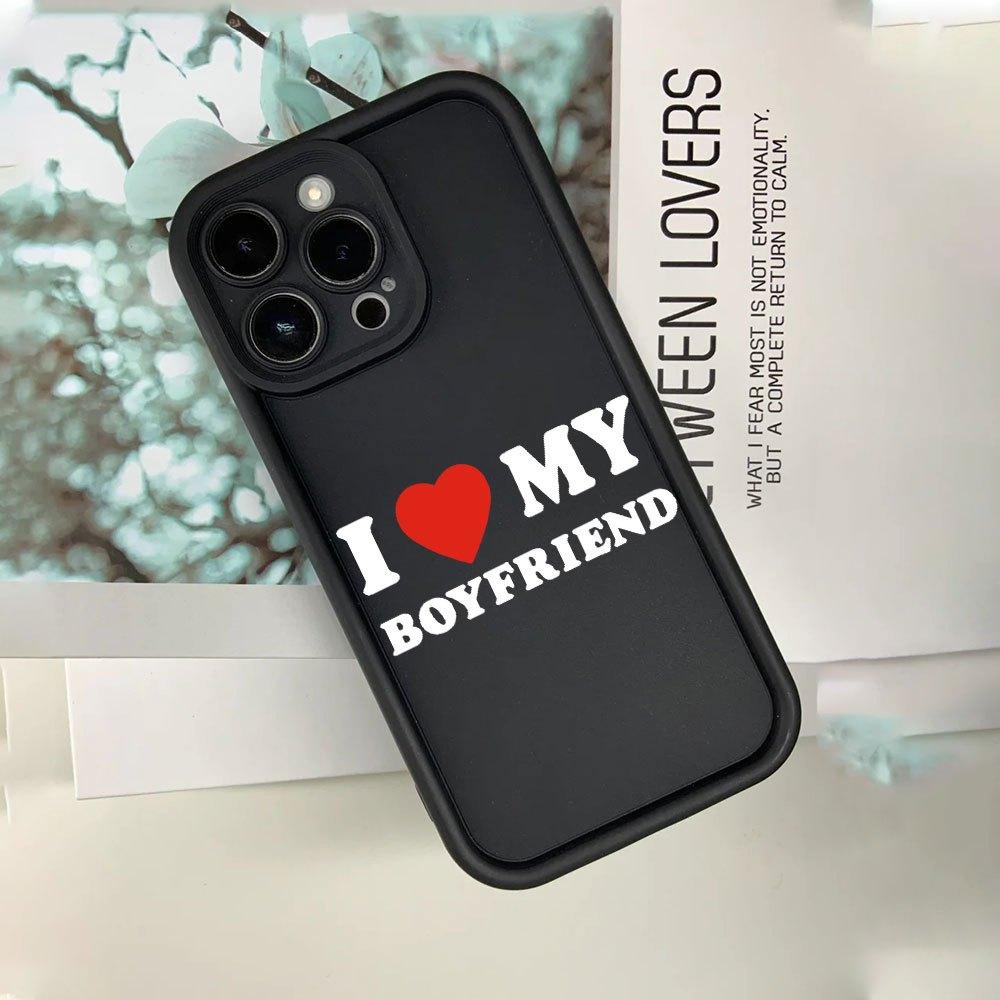 Black "I LOVE MY BOYFRIEND" Printed TPU Case for iPhone 17 Pro Max 16 16e 15 14 Plus 13 12 Mini 11 Air X XS Straight Edge Drop-Resistant Rugged Durable Cover Shell Gift 2D printing
