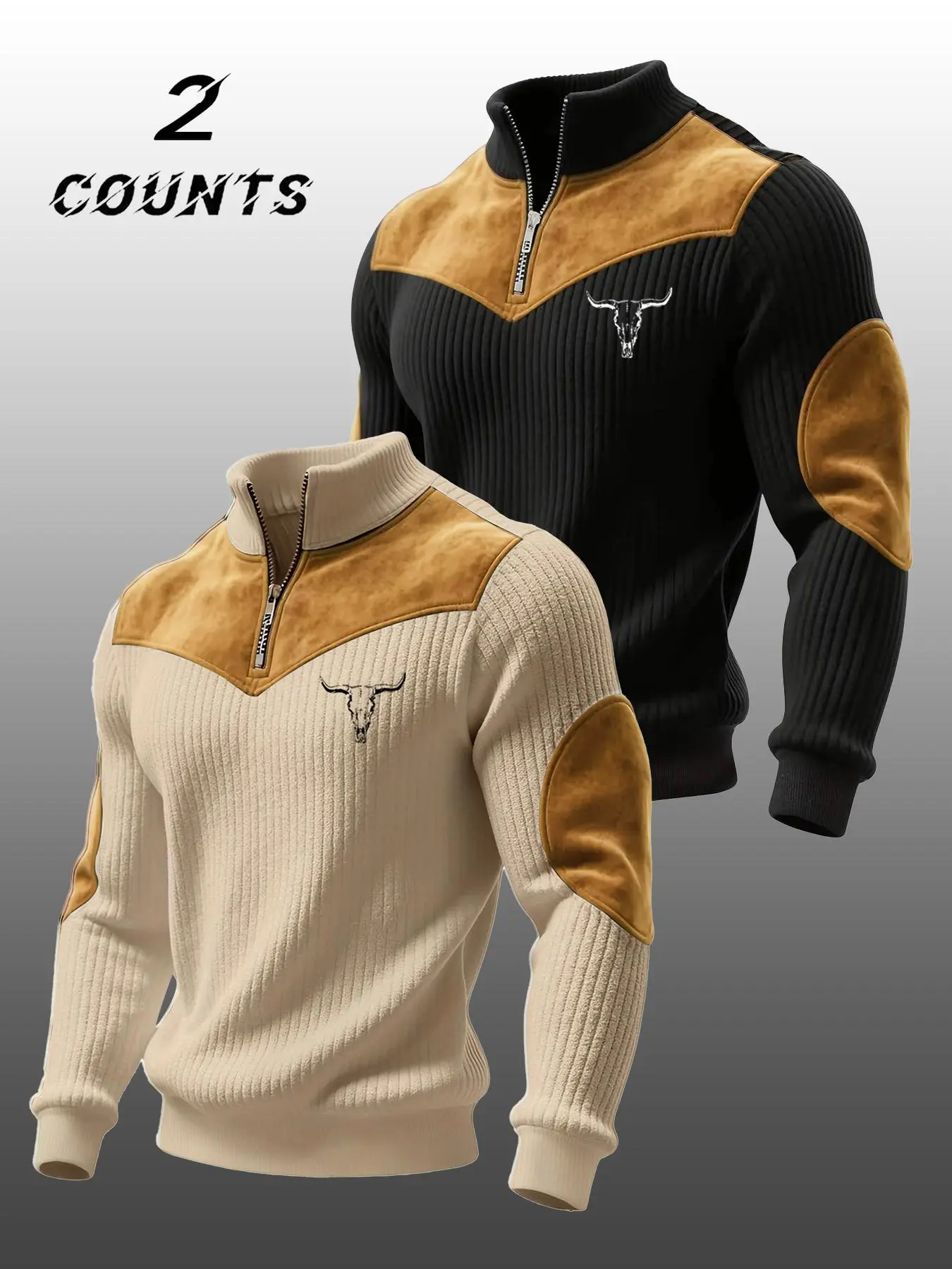 Men's 2-Piece Stand Collar Pullover Set, Fall & Winter Warm Half-Zip Cow Head Pattern Patchwork Ribbed Vintage Streetwear Sweatshirt Streetwear Casual Style
