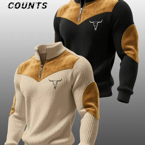 Men's 2-Piece Stand Collar Pullover Set, Fall & Winter Warm Half-Zip Cow Head Pattern Patchwork Ribbed Vintage Streetwear Sweatshirt Streetwear Casual Style