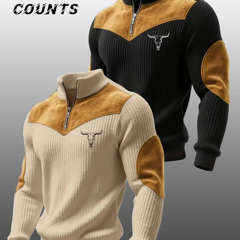 Men's 2-Piece Stand Collar Pullover Set, Fall & Winter Warm Half-Zip Cow Head Pattern Patchwork Ribbed Vintage Streetwear Sweatshirt Streetwear Casual Style
