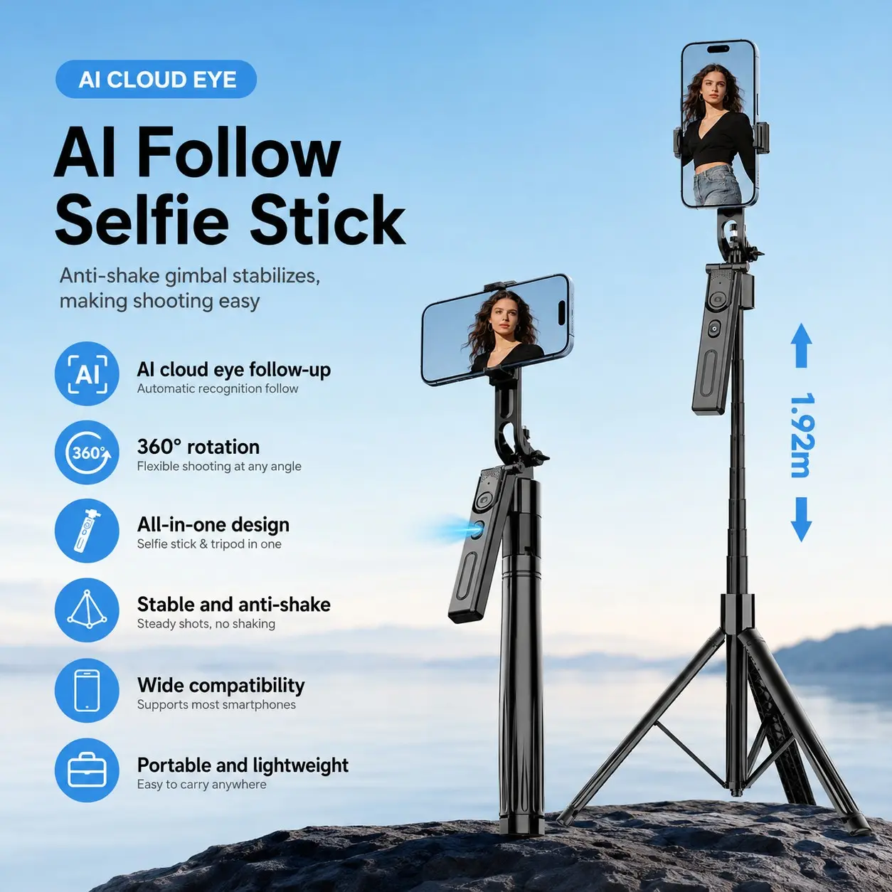 AI Face Tracking Selfie Stick Tripod, 360° Rotatable Auto Face Tracker with Bluetooth Remote & Anti-Shake, Universal Phone Stand Compatible with iPhone & Android for Vlogging & Live Streaming
