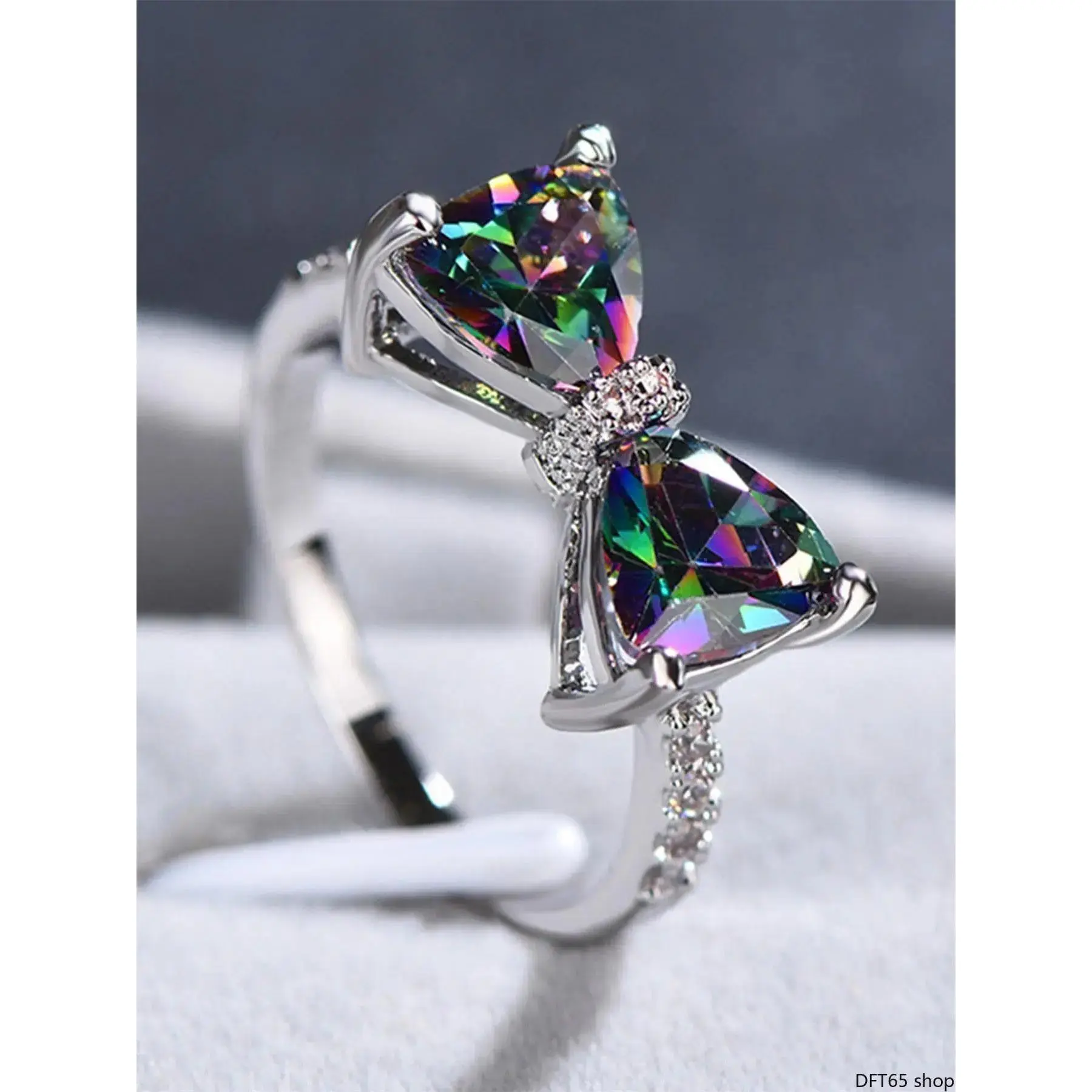 Bow Shaped Cubic Zirconia Inlaid Finger Ring Anti Tarnish Plated Alloy Moderate Band Width Clear Gloss Gemstone For Women Wedding Bridal Engagement Birthday Gentle Sweet Style Portable All Match Decorative Jewelry Gift