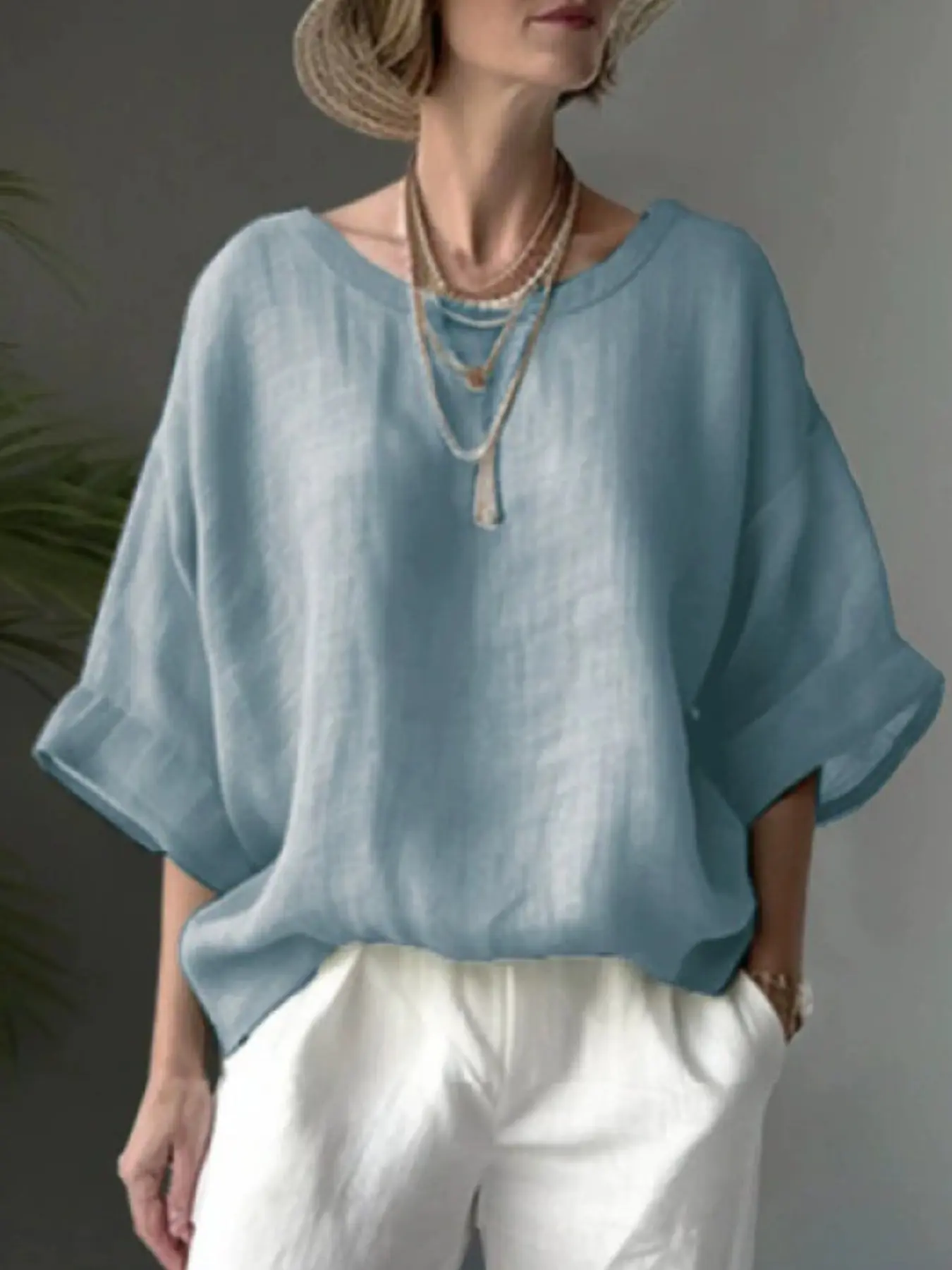 Women’s Blend Blouse, Casual Loose Batwing Sleeve, Round Neck Tunic Top, Lightweight Oversized Summer Shirt, Boho Beach Vacation Resort Wear