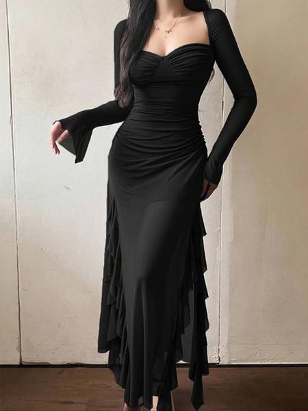 Women's Plain Ruffle Trim Long Sleeve Dress, Elegant Fashion Casual Sheer Mesh Dress for Daily Outdoor Wear, Women Dress for All Seasons，black tie wedding guest dress