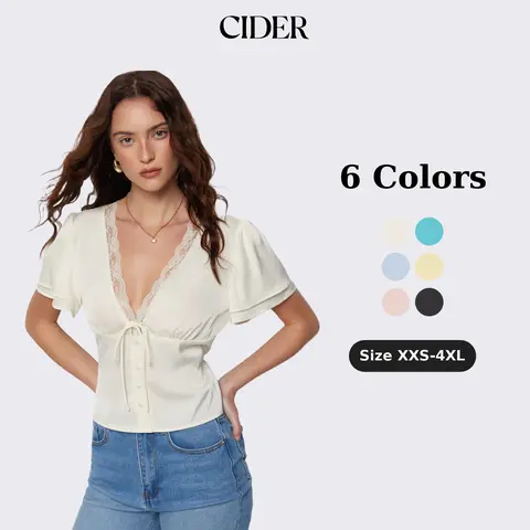 Cider Lace Trim V-Neck Drawstring Short Sleeve Blouse