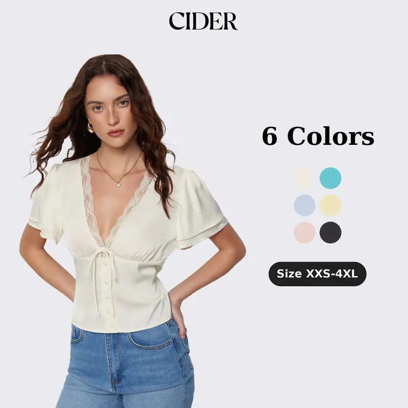 Cider Lace Trim V-Neck Drawstring Short Sleeve Blouse