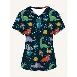 [Cute Dinosaur Print] Women's Cute Dinosaur Print Scrub Uniform |   V-Neck Short Sleeve Nurse Uniform for Doctors & Nurses |   Pockets, Machine Washable Spring/Summer Healthcare Attire