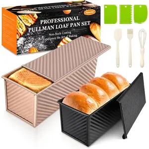 2Pack Pullman Loaf Pans with Lids 2.2 LB & 1 LB Dough Capacity Non-Stick Carbon Steel Bread Pans for Homemade Sandwich and Sourdough Bread Corrugated Toast Mold