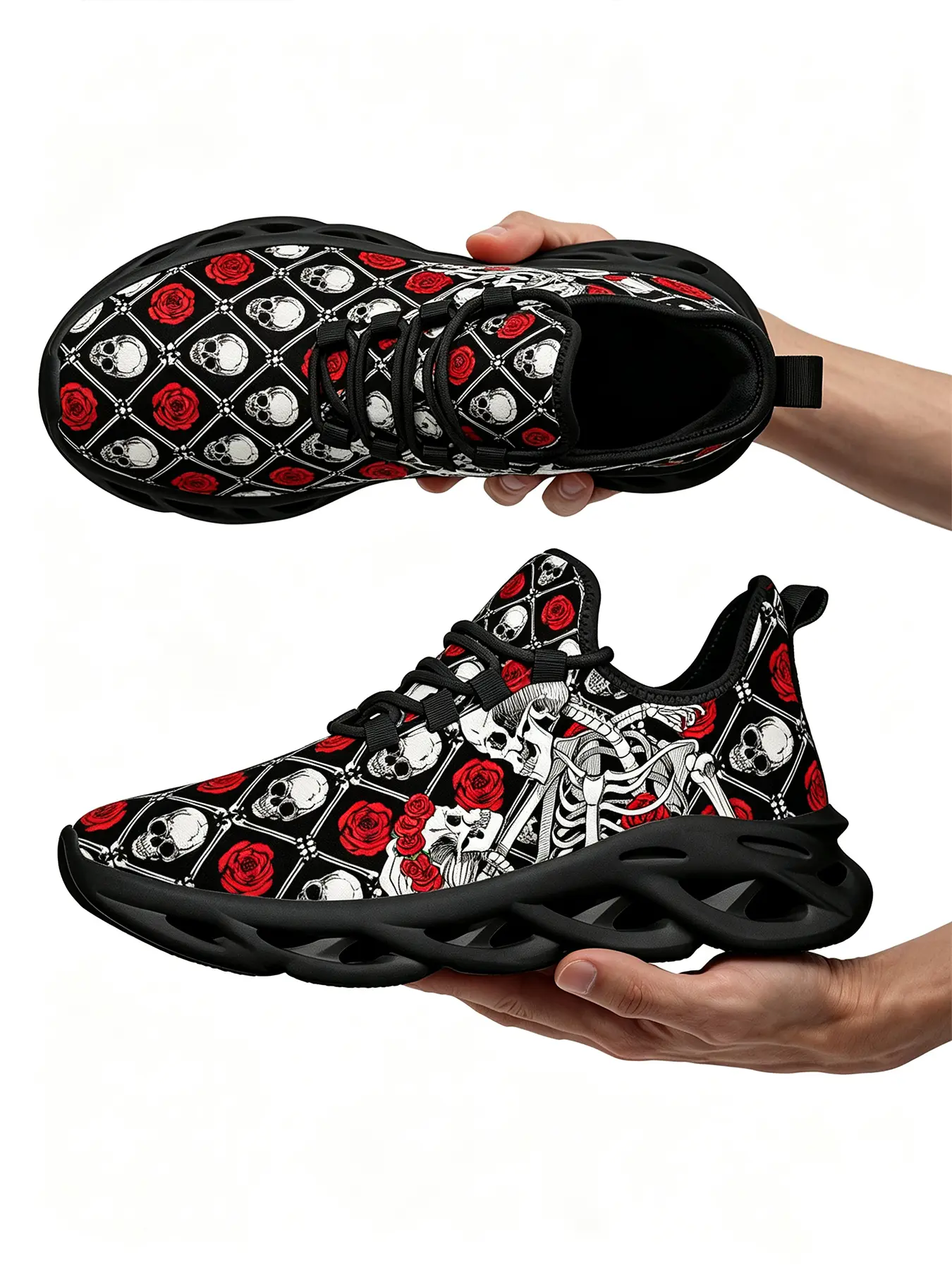 Gothic Punk Skull Skeleton & Red Rose Platform Sneakers, Breathable Mesh Lace Up Chunky Walking Shoes, Fashion Graphic Blade Sole Casual Trainers for Men Women Halloween Streetwear Outfit