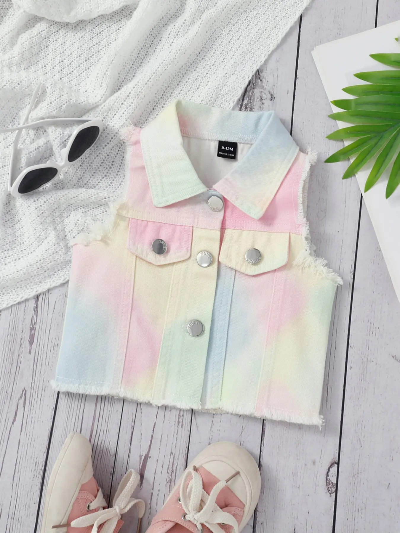 Girls' Summer Denim Jacket, Lightweight Casual Streetwear, Casual Cute Outerwear, Tie-Dye Blue, Soft Cotton Fabric, Perfect for Daily Wear