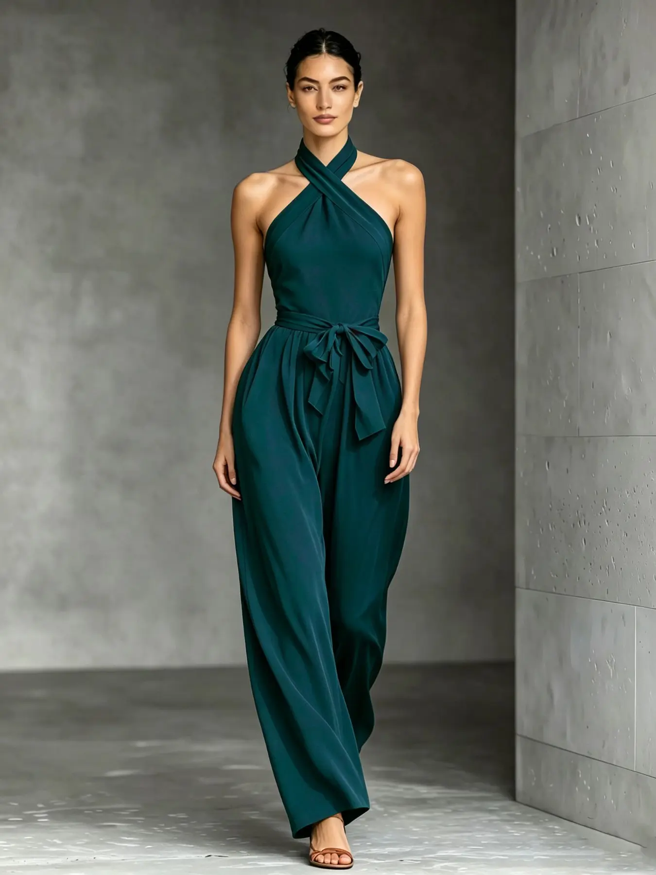 T9467 Viral Quiet Luxury Athleisure Women One-Piece, Stylish Cross Halter Neck Soft Life Fit, Belted Waist Wide Leg With Pockets, Trendy Matching Outfit for Summer Date & Resort.