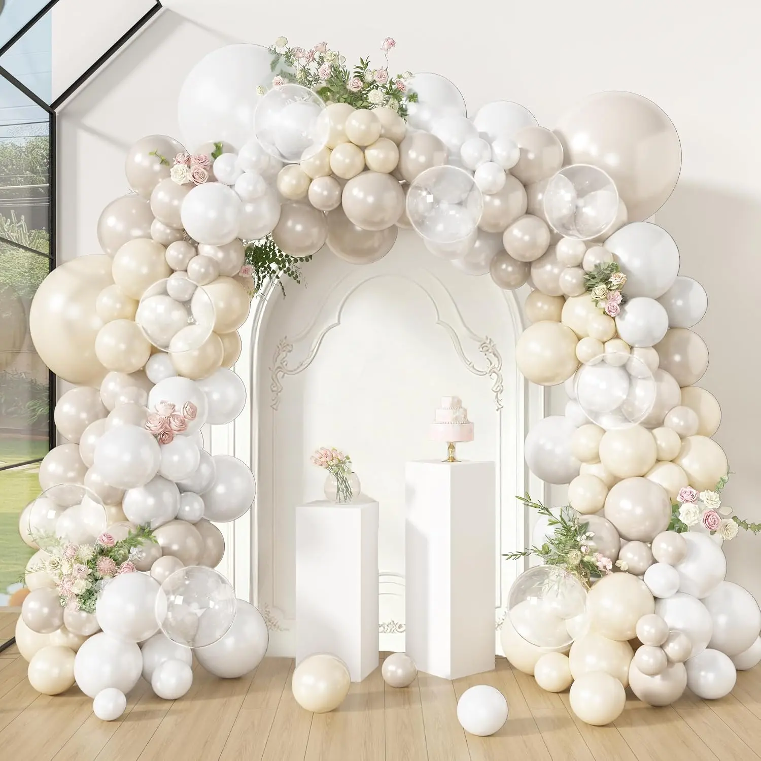 173 Pcs Pearl White Balloon Arch Garland Kit| Double-Stuffed Pearl Ivory White Sand Clear Baptism Balloons for Wedding Bridal Shower Engagement Birthday Party Decorations