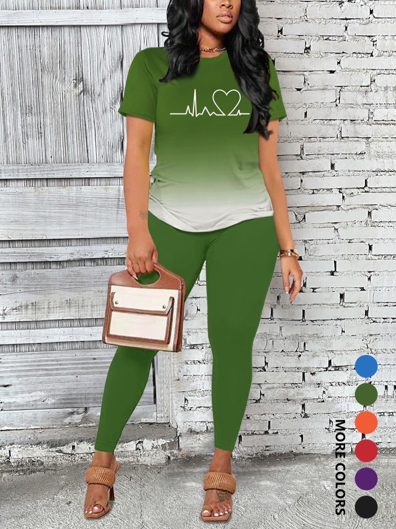 Women's Ombre Gradient Letter Print Short Sleeve Tee & Leggings Set, Casual Round Neck Fitted T-Shirt & Skinny Pants For Daily Wear, Ladies Two-Piece Outfits For All Seasons