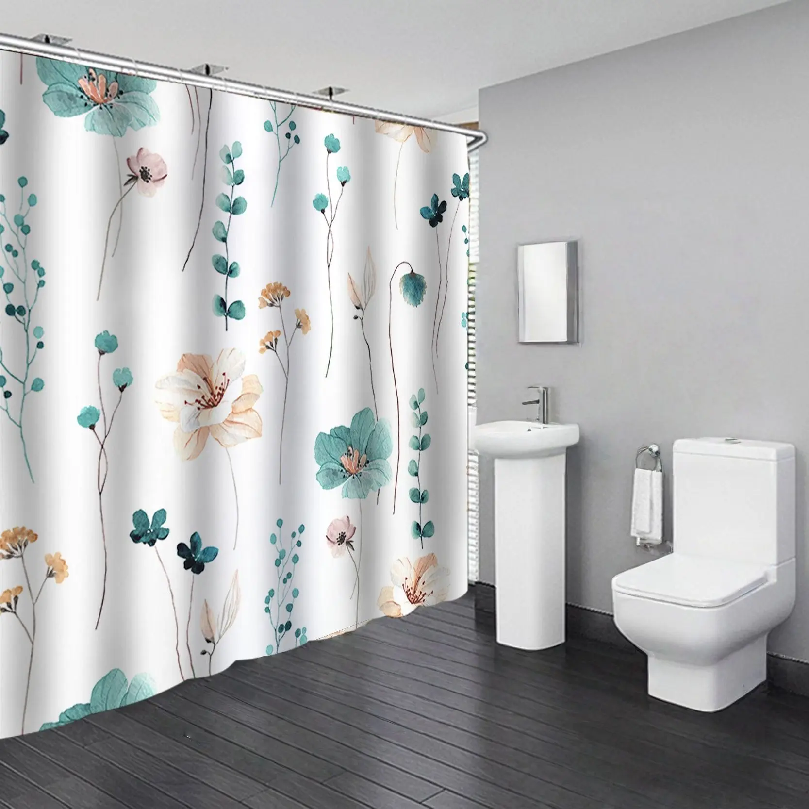 Bathroom Single-layer No-Drill Printed Pattern Waterproof Privacy Shower Curtain Toilet Washroom Blocking Curtain