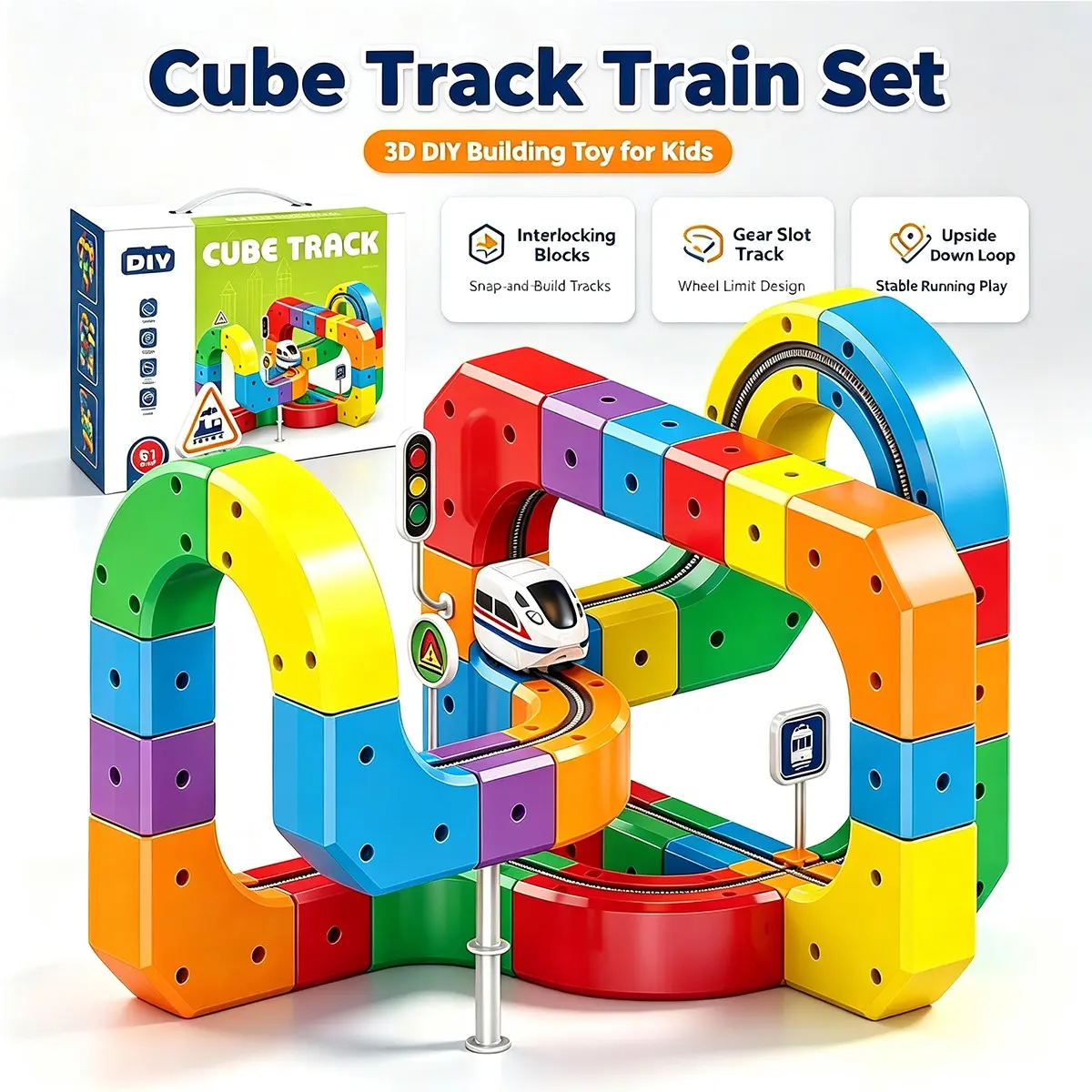 Cube Track Anti-Gravity Train Building Set, Non-Magnetic Snap-on DIY 3D Track Blocks with Traffic Signs, USB Rechargeable Motorized Train Car, STEM Educational Construction Toy for Toddlers Boys Girls, Birthday Holiday Gift
