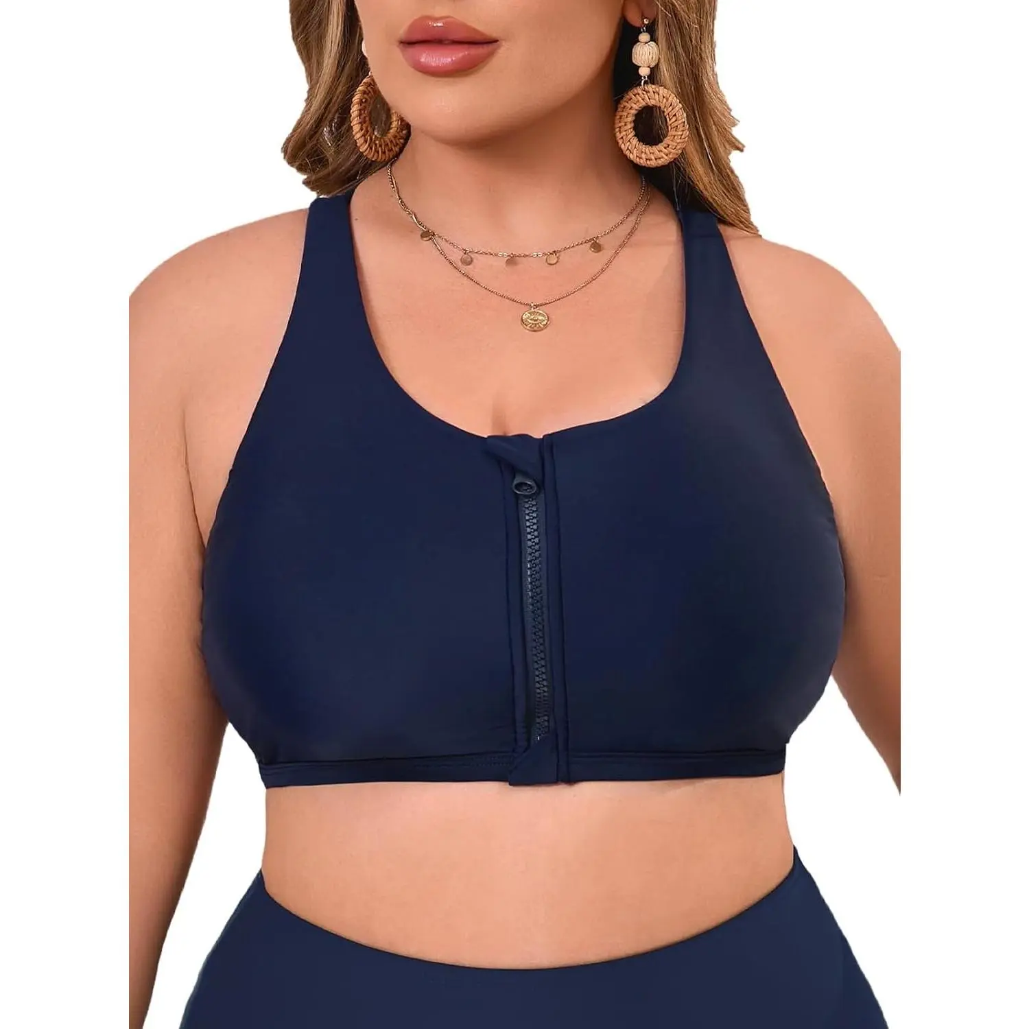 Women's Push-Up Swim Bra Sports Bikini Top with Front Zipper for Large Bust
