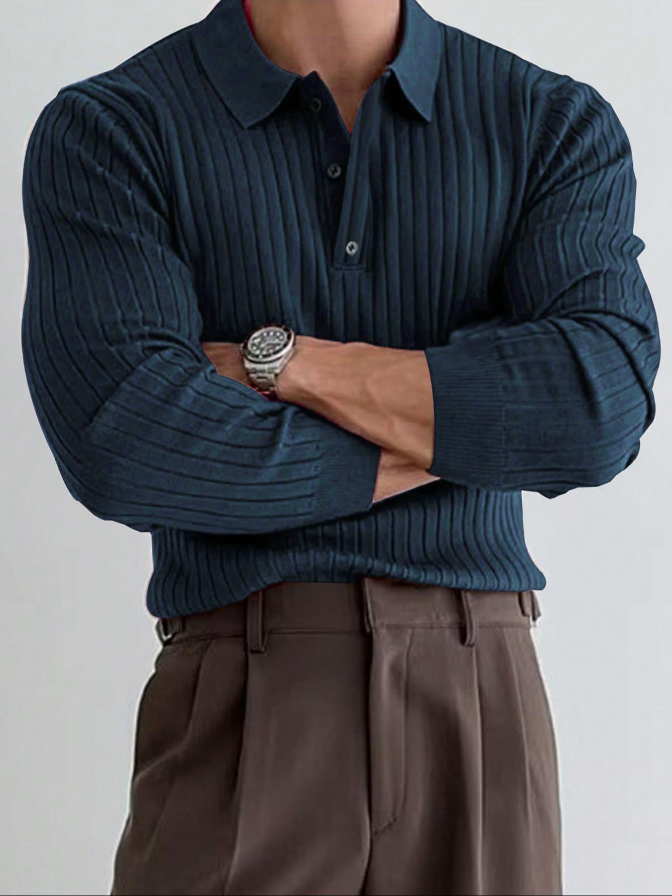 Men's Striped Polo Shirt with Ribbed Collar, Long Sleeve Fitted Casual Work Polo, Perfect Gift for Friends, Stylish Men's Clothing, Navy Blue, Menswear