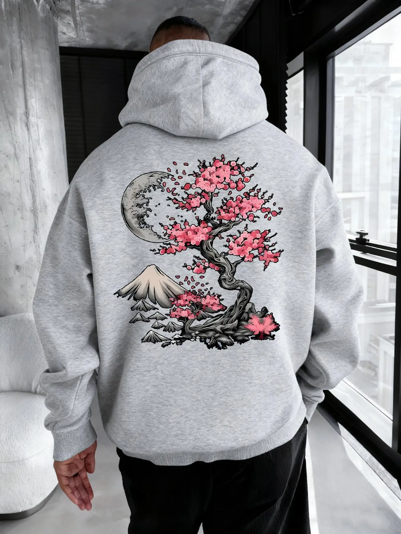 Men Oversized Drawstring Pocket Hoodie, Long Sleeve, Front TOKYO Cherry Blossom Letter & Back Fuji Mountain Sakura Wave Floral Graphic Print Loose Japanese Streetwear Pullover For Daily Casual Outfit #TokyoHoodie #SakuraGraphicHoodie #JapaneseStreetwear