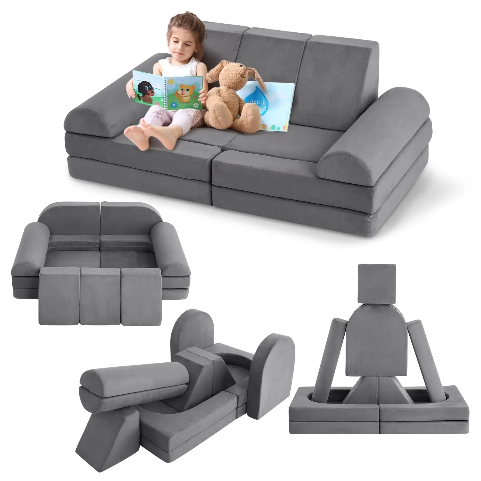 GARVEE10PCS Modular Play Couch Set in Dark Grey - Convertible Foam Modular Couch for Creative Play and Comfortable Seating in Playrooms