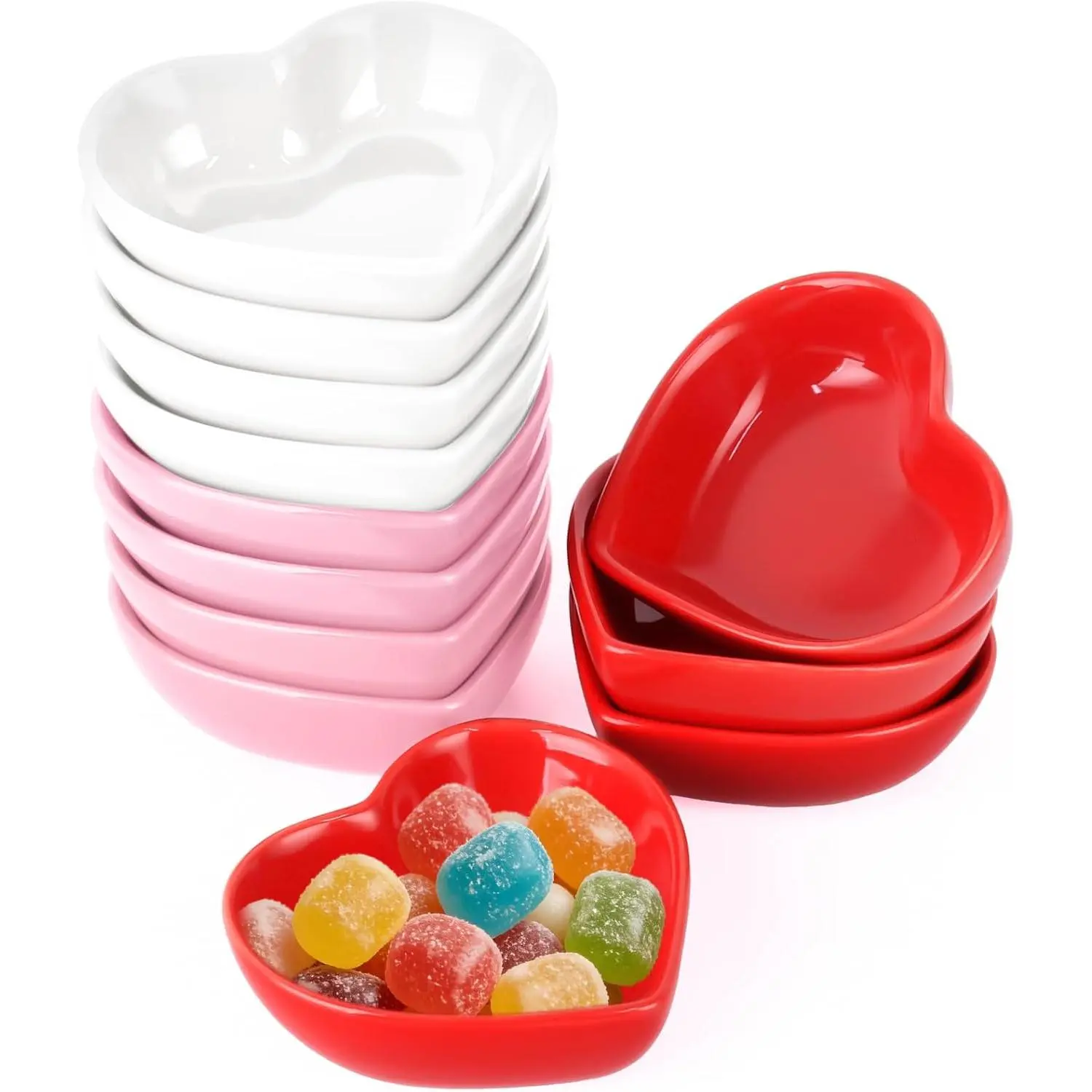 12PCS 3.2inch Heart Shaped Bowl for Mom Candy Dish Set Snack Display Kitchen Decor Red Pink and White