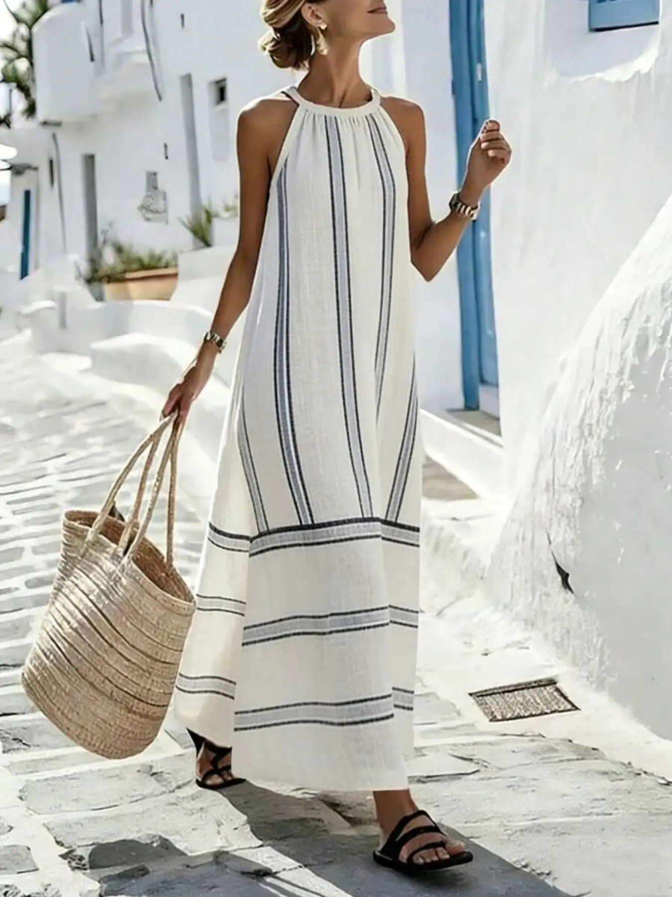 Women's Summer Casual Vacation Sleeveless Round Neck Halter Dress, Boho Beach Dress, Loose-Fitting Striped Print, Unlined, Bohemian Style Dress