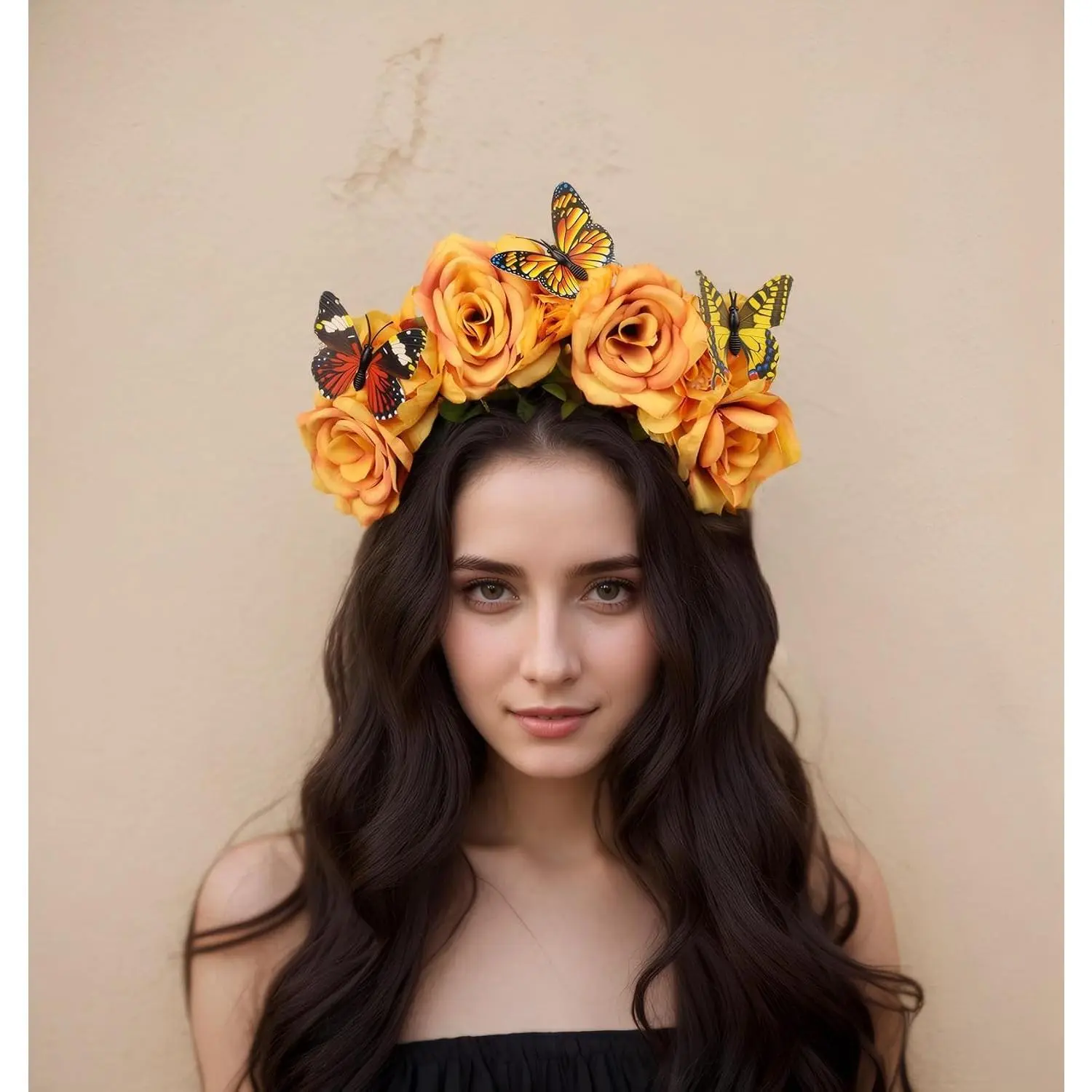 Elegant Butterfly Flower Headband for Women Boho  Rose Floral Crown Wedding Bridal Festivals  Prom Photo Props Headpiece (A3 yellow, Adjustable)