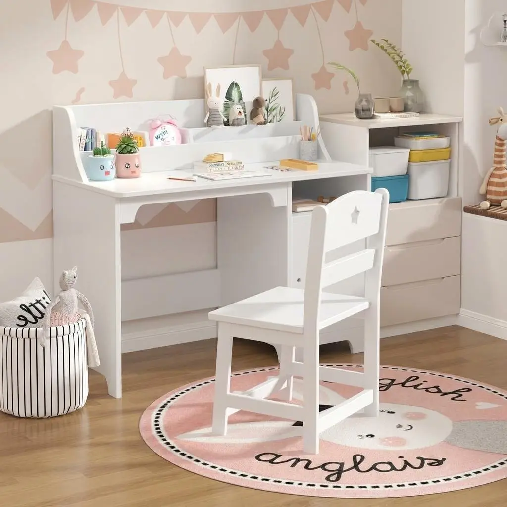 Ergonomic Kids Desk and Chair Set with Hutch & Storage Cabinet, Durable Wooden Study Table, Space-Saving Student Workstation for Children Bedroom, Home & Study Room