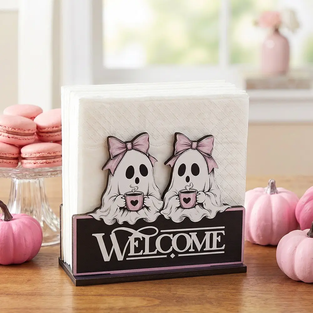 1 Set Pink Bow Ghost WELCOME Wooden Napkin Holder, Cute Pastel Halloween Ghost Coffee Pattern Wood Table Tissue Dispenser, Girly Spooky Farmhouse Wooden Paper Napkin Caddy For Kitchen Dining Table Counter Tabletop Decor Gift