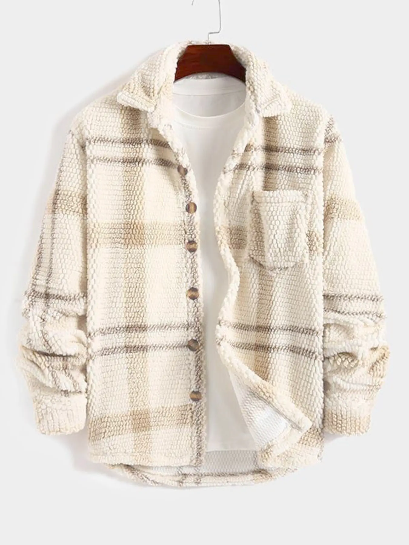 Nougat Plaid Waffle Knit Shirt Jacket, Cloud-Like Texture Fabric + Wooden Buttons, Casual Long Sleeve Top, Fall & Winter Wear