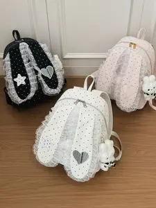 Women's Cute Polka Dot Bunny Ear Backpack, Y2K Style Lace Ruffle Book Bag, Sweet Star Heart Patch, Lolita Daily Travel Backpack